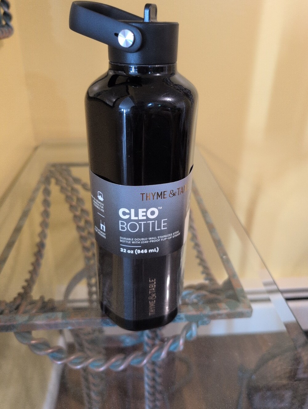 Thyme & Table Cleo Stainless Steel Water Bottle 32 oz Black Straw Lid NEW
